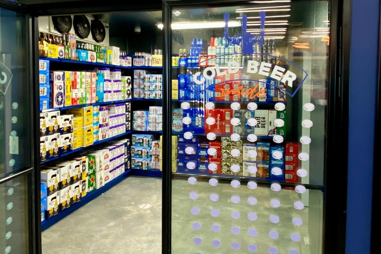 A beer cave with shelving units