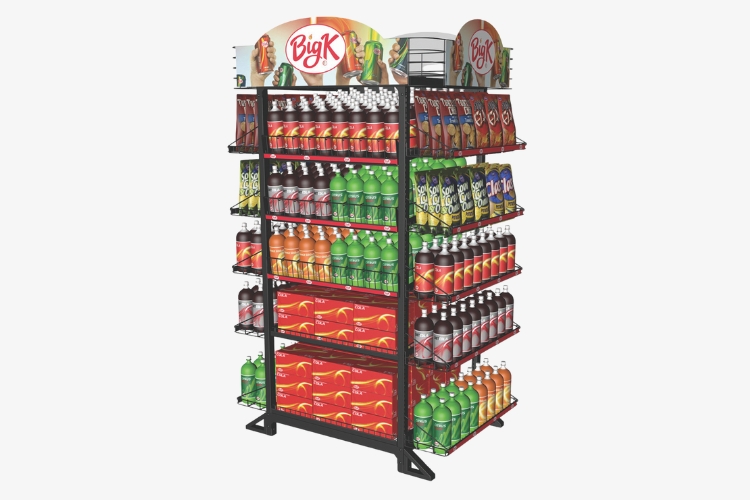 Big K custom retail display featuring soda bottles, cans, and snack bags